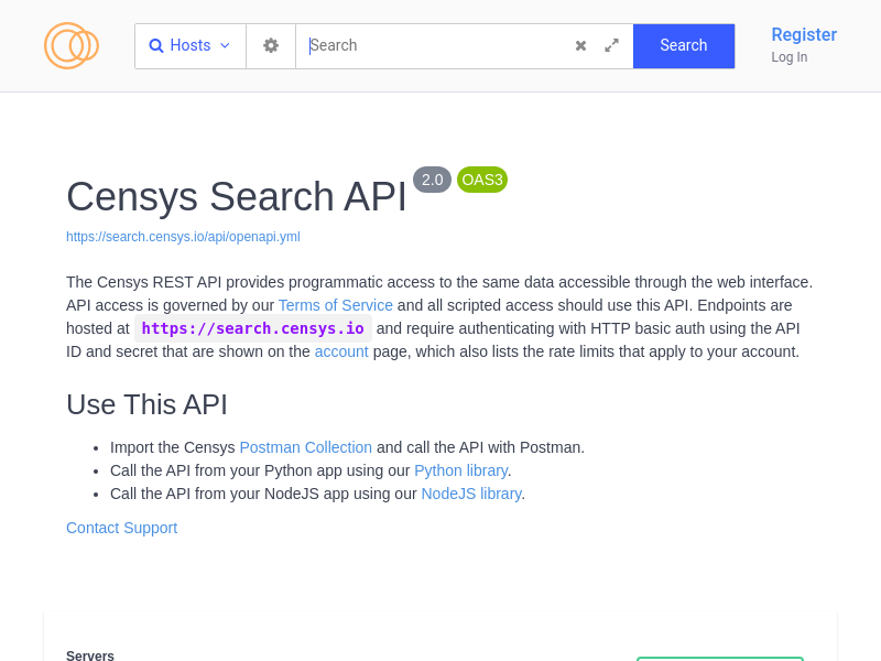 Screenshot of CENSYS Search API website