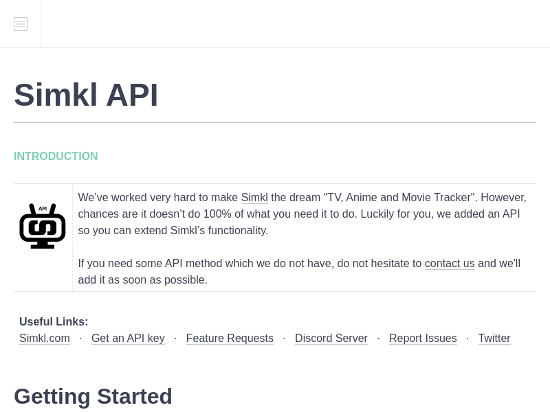 Screenshot of Simkl API website