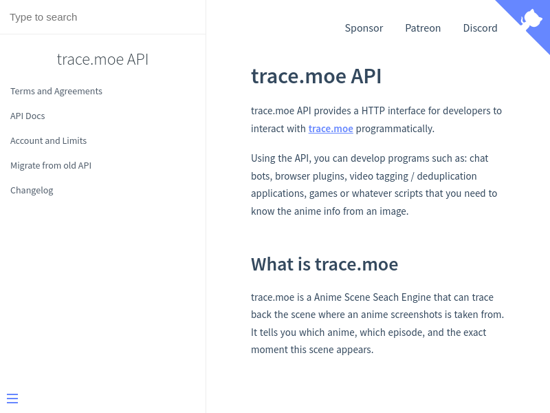 Screenshot of trace.moe API website