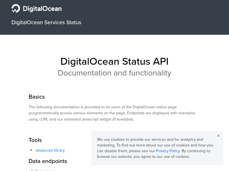 Screenshot of DigitalOcean Status API website