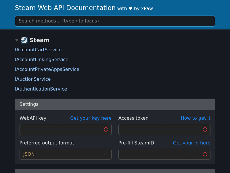 Screenshot of Steam API website