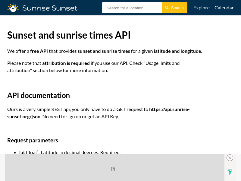 Screenshot of Sunrise-Sunset API website