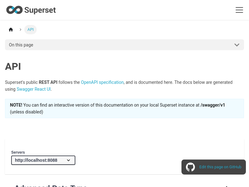 Screenshot of Apache Superset API website