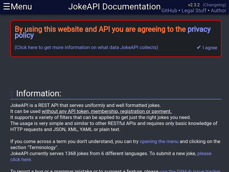 Screenshot of JokeAPI v2 website