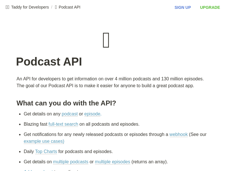 Screenshot of Taddy Podcast API website
