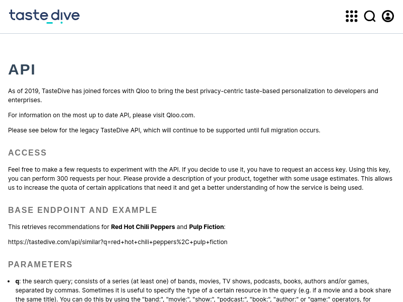 Screenshot of TasteDive API website