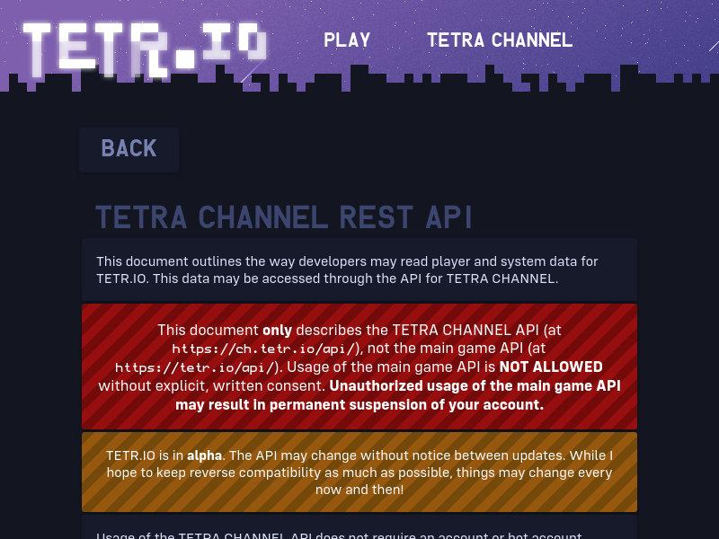 Screenshot of Tetr API website