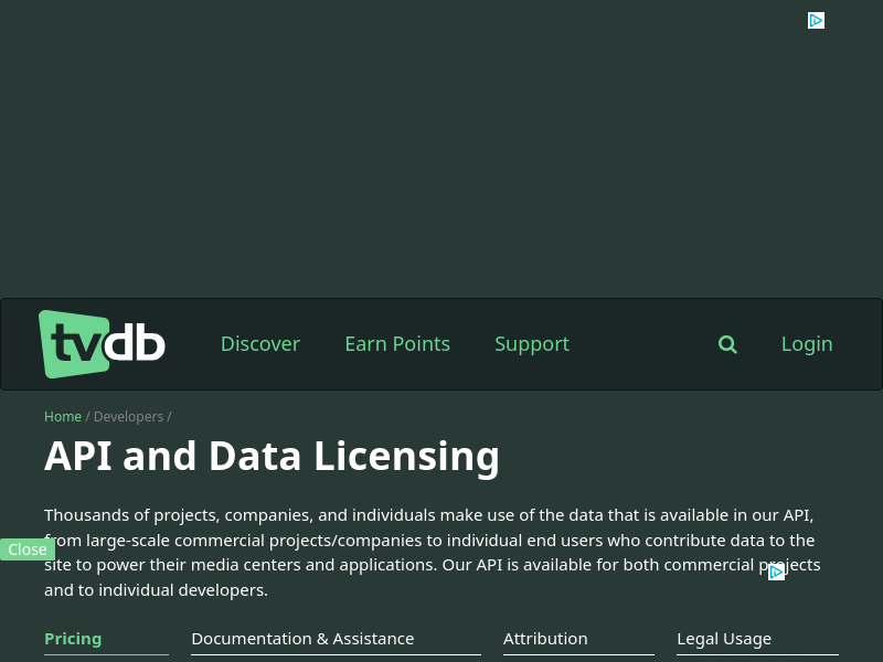 Screenshot of TheTVDB API website