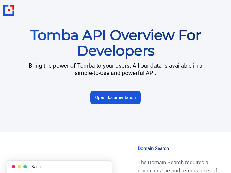 Screenshot of Tomba API website