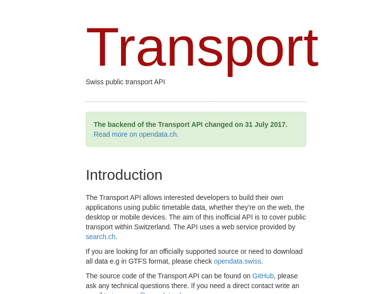 Screenshot of Open Data Transport API website