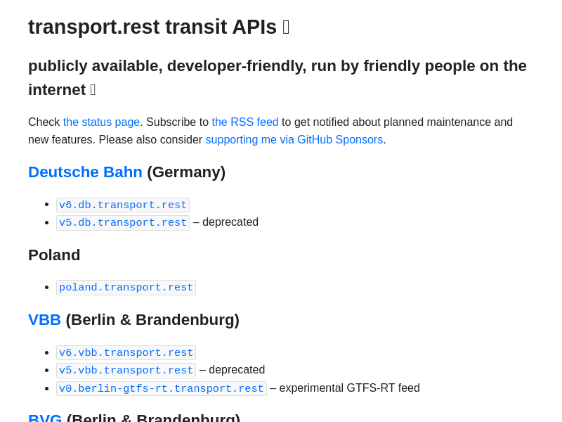 Screenshot of Transport REST API website