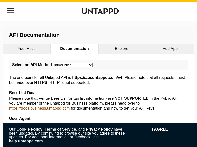 Screenshot of Untappd API website