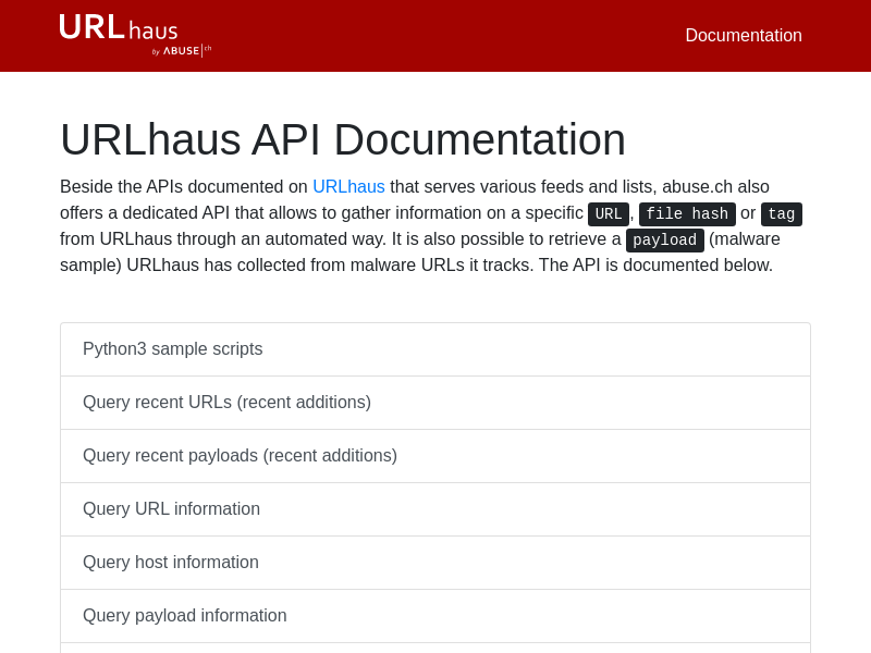 Screenshot of URLhaus API website