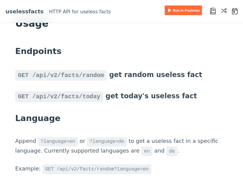 Screenshot of Useless Facts API website