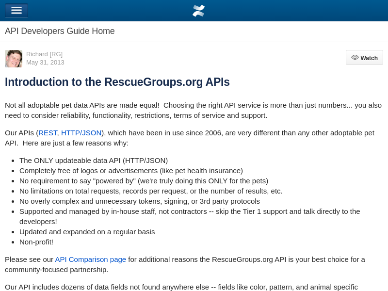 Screenshot of RescueGroups.org API website