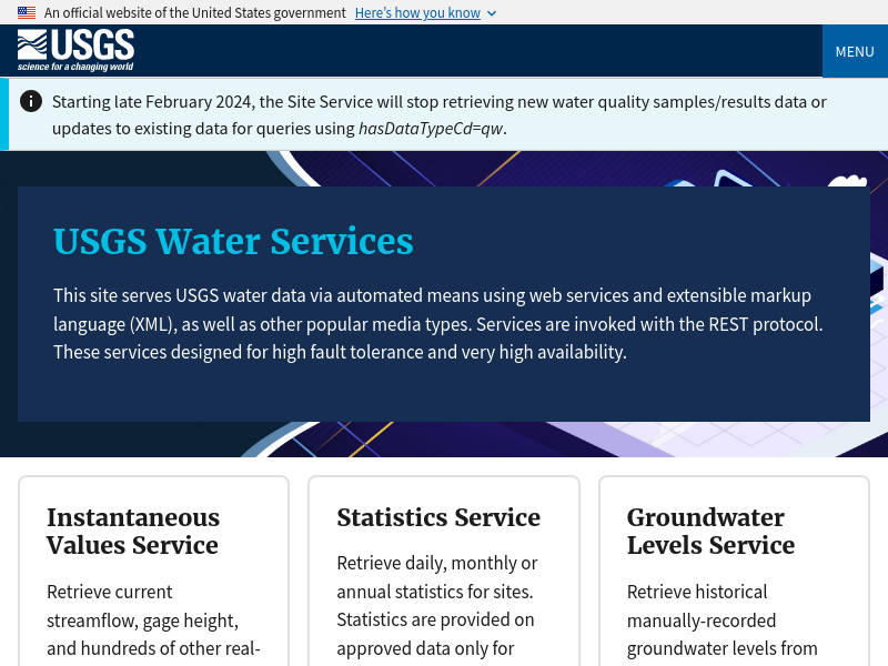 Screenshot of USGS Water Services API website