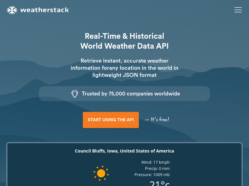 Screenshot of weatherstack website