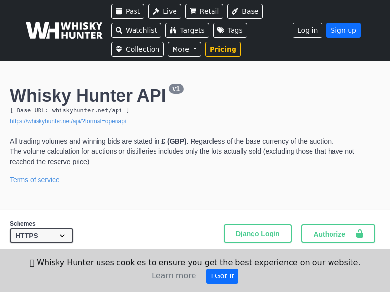 Screenshot of Whisky Hunter API website