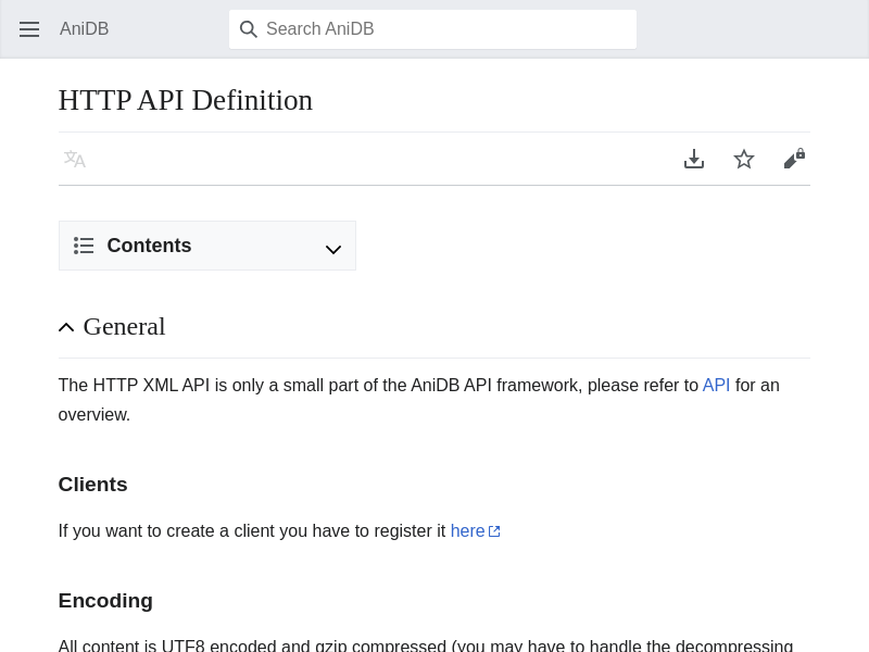 Screenshot of AniDB HTTP API website
