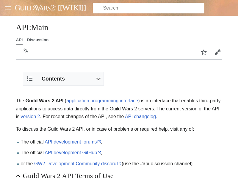 Screenshot of Guild Wars 2 API website