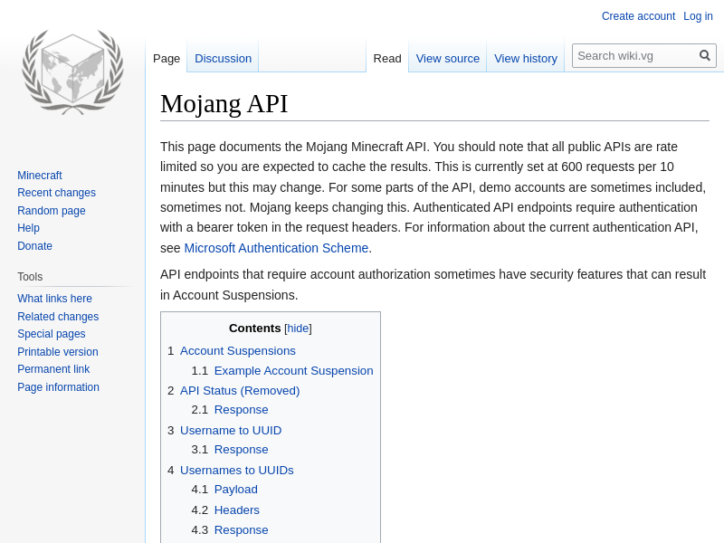 Screenshot of Mojang API website