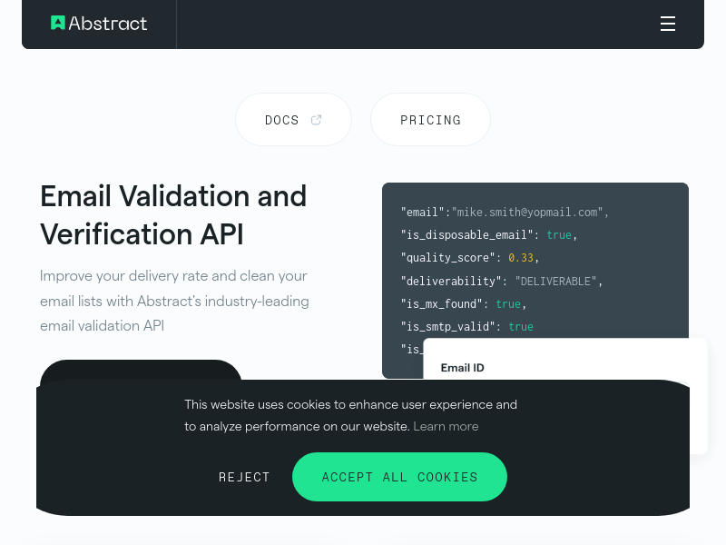 Screenshot of Abstract Email Verification & Validation API website
