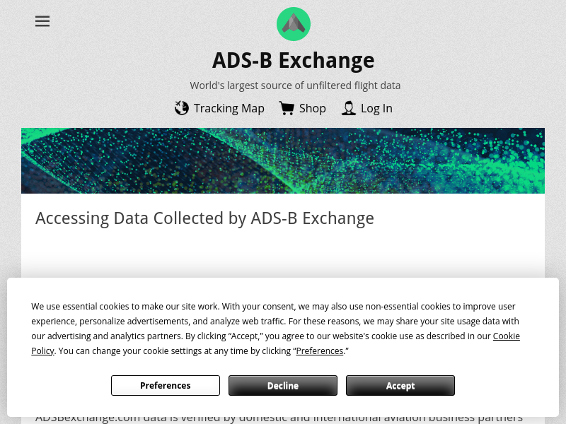 Screenshot of ADSBexchange API website