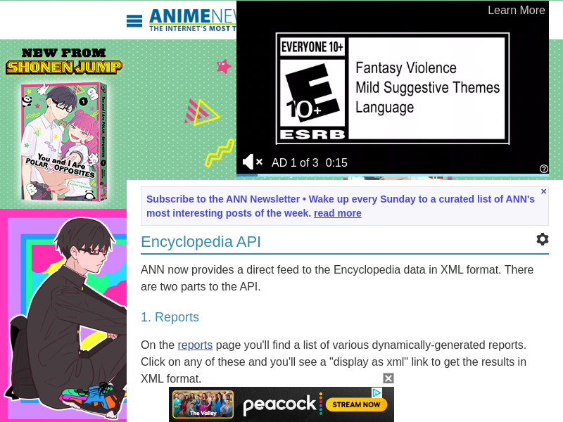 Screenshot of Anime News Network API website