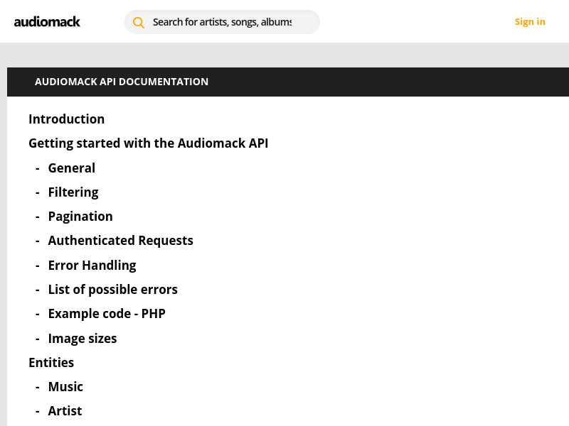 Screenshot of AudioMack Data API website