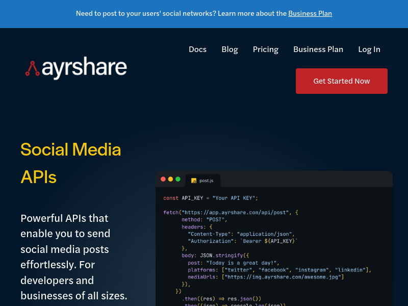 Screenshot of Ayrshare website
