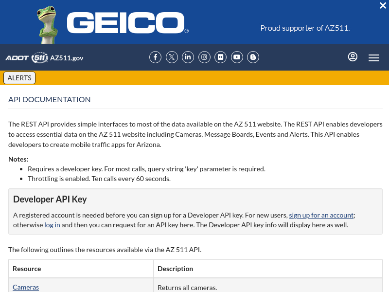 Screenshot of AZ 511 API website