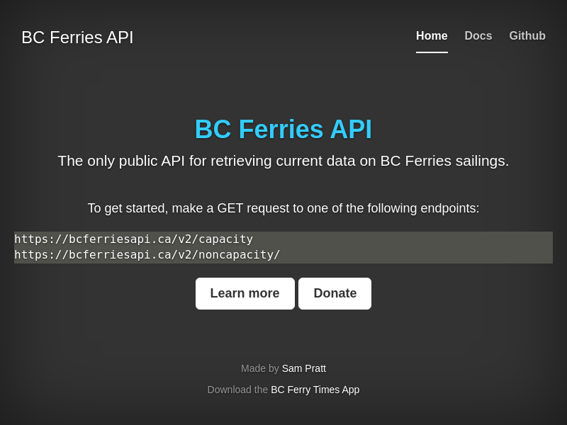 Screenshot of BC Ferries API website