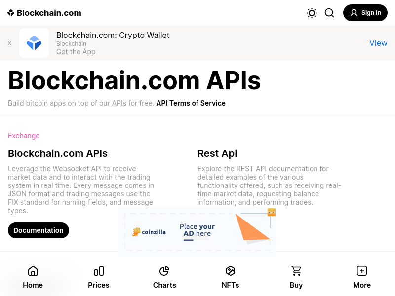 Screenshot of Blockchain API website