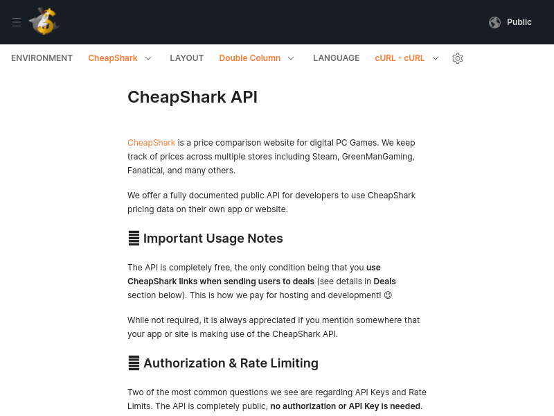 Screenshot of CheapShark API website