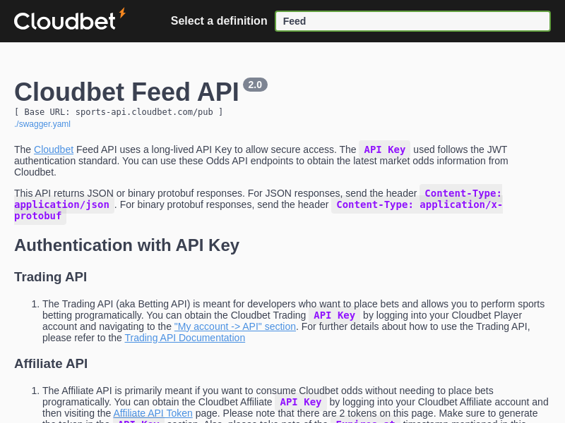 Screenshot of Cloudbet API website