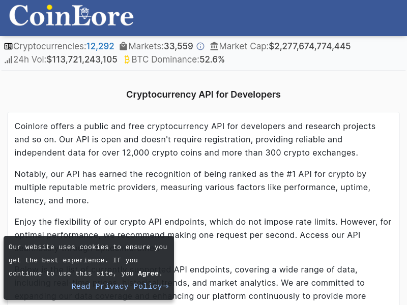 Screenshot of CoinLore API website