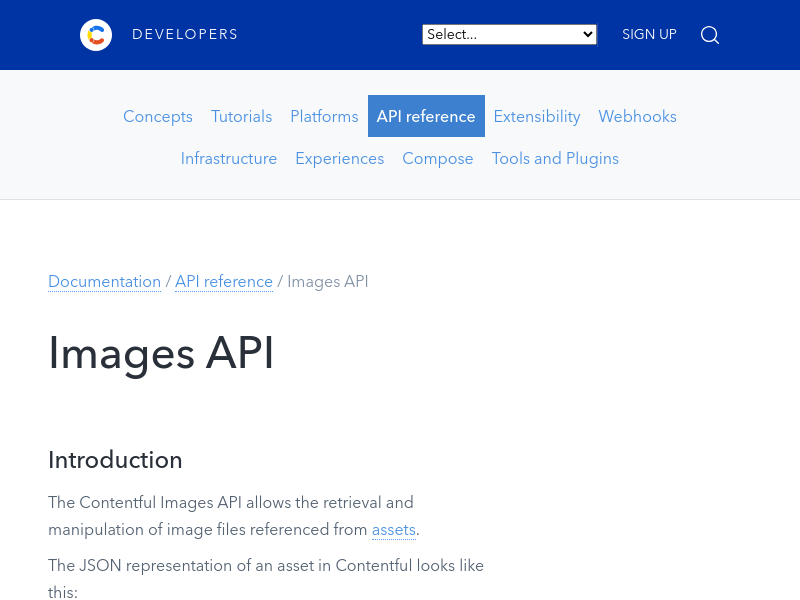 Screenshot of Contentful Images API website