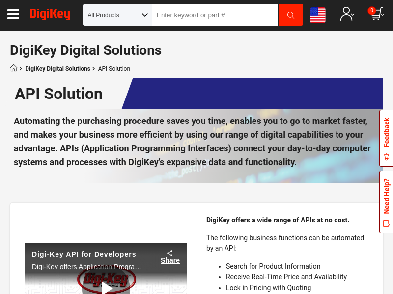 Screenshot of Digi-Key API Solutions website