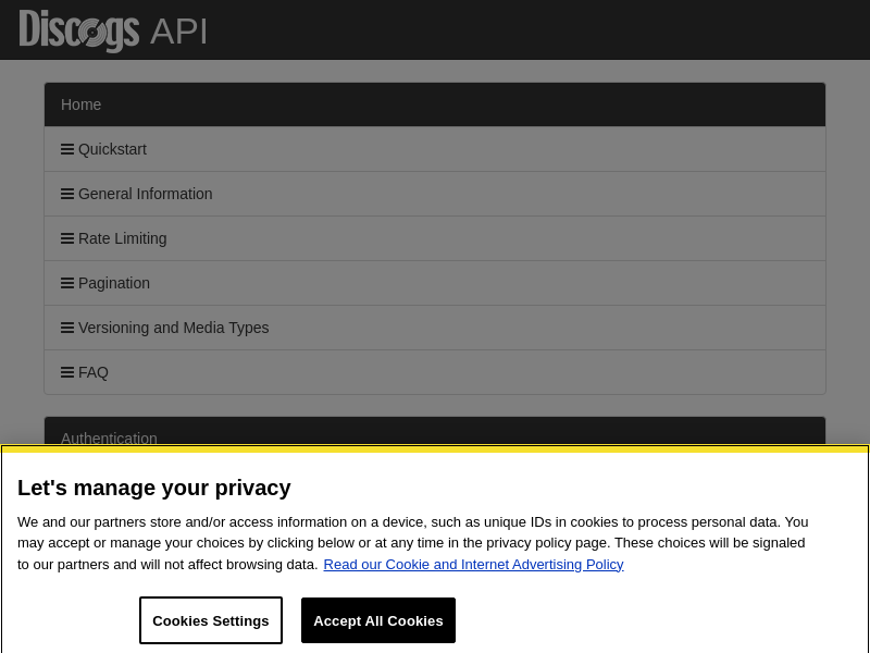 Screenshot of Discogs API website