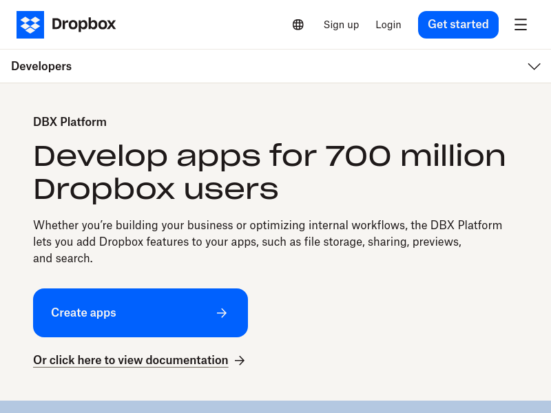 Screenshot of Dropbox API website