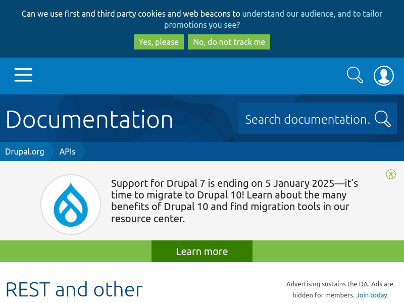 Screenshot of Drupal.org REST API website