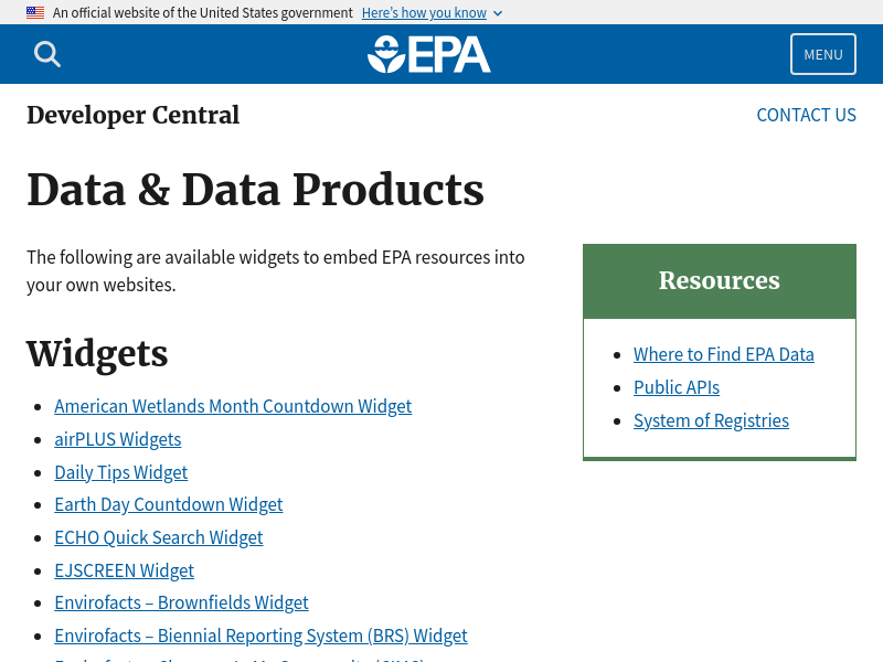 Screenshot of EPA APIs website
