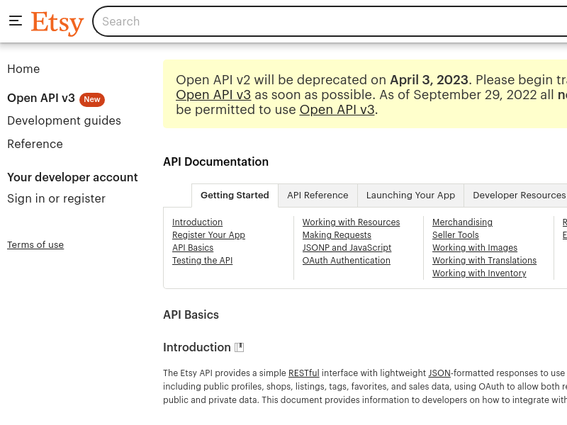 Screenshot of Etsy API website