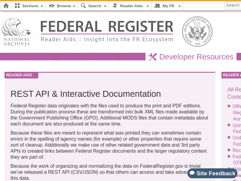 Screenshot of Federal Register REST API website