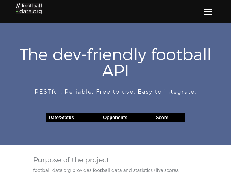 Screenshot of Football Data API website