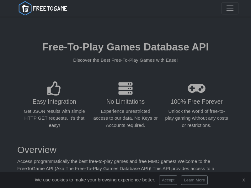 Screenshot of FreetoGame API website