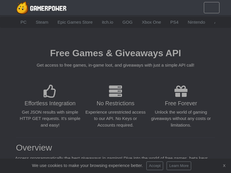 Screenshot of GamerPower API website