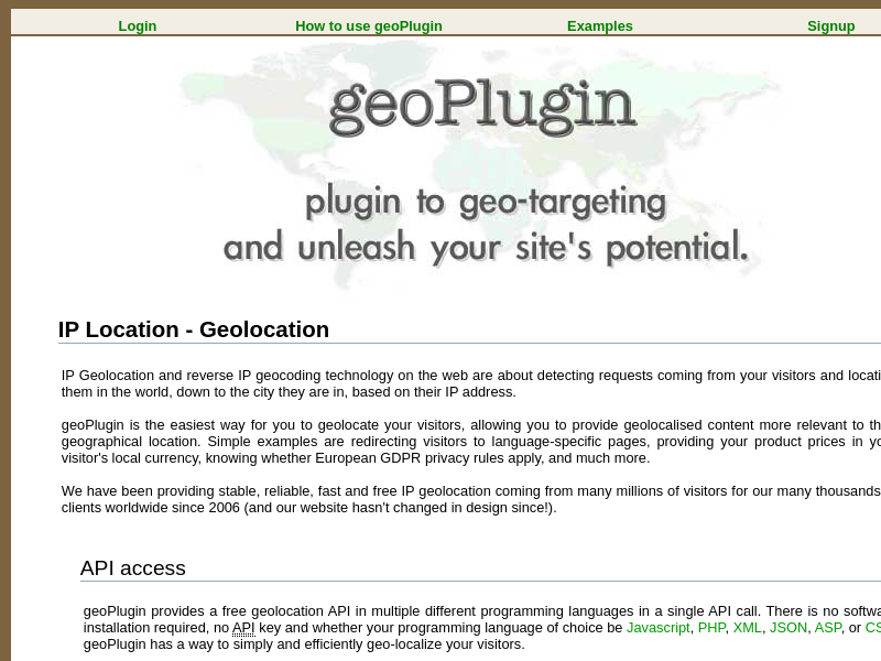Screenshot of GeoPlugin API website