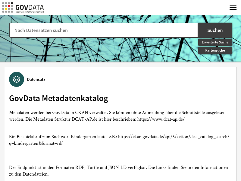Screenshot of GovData Metadata Catalog API website