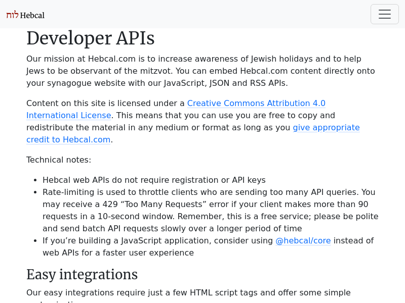 Screenshot of Hebcal API website